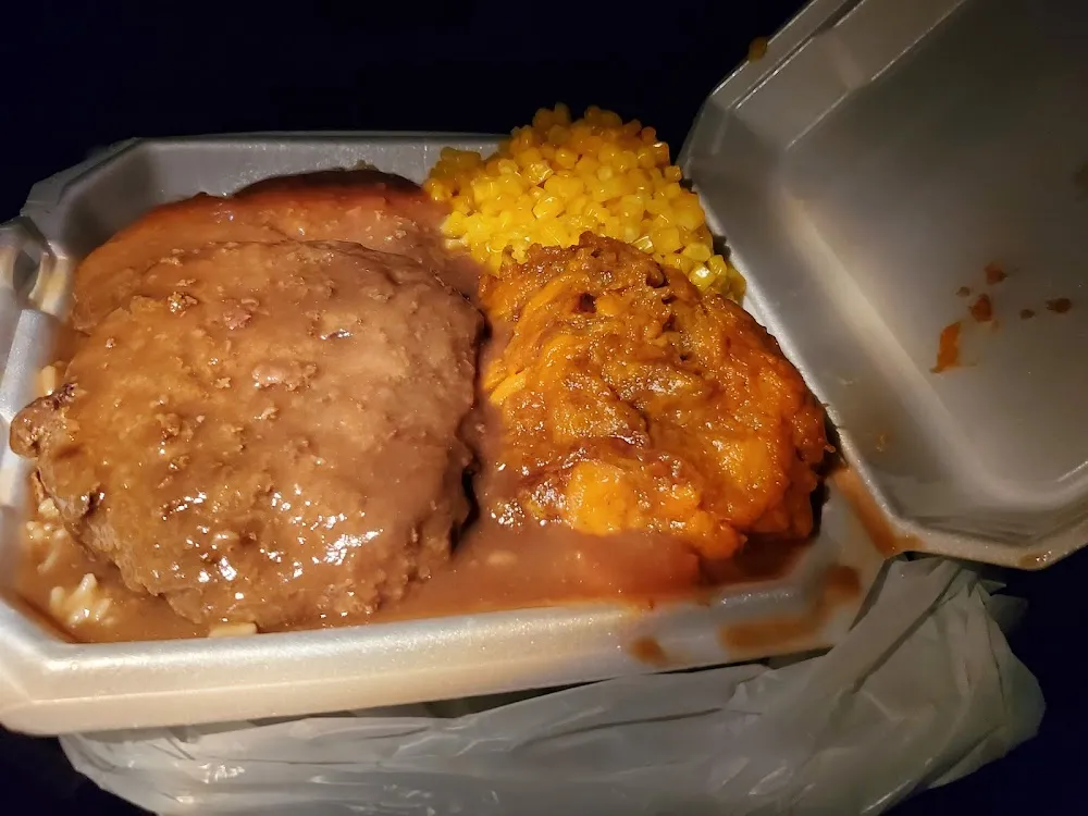Hamburger Steak on Gravy & Rice Mac & Cheese Candied Yams